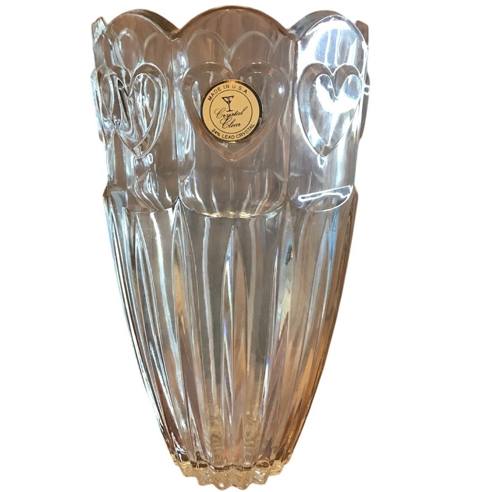 Crystal‎ Clear 24% Lead Crystal Heart Embossed Scalloped Flower Vase USA 8 inch